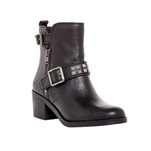 Lucky Brand Cantini 2 Studded Buckle Moto Biker Black Leather Ankle Boots
